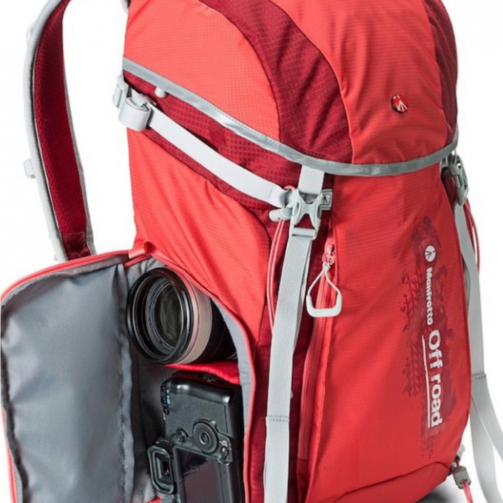 Red and Gray Camera Bag with Adjustable Straps and Multiple Compartments